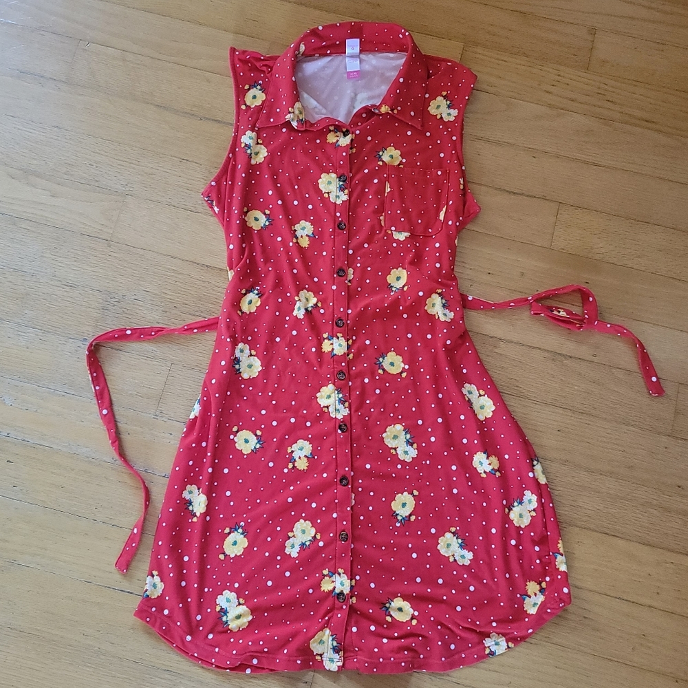Summertime Button-down Sleeveless Dress Red with yellow flowers